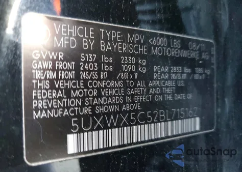 2011 BMW X3 из США, поврежденный, VIN 5UXWX5C52BL715162